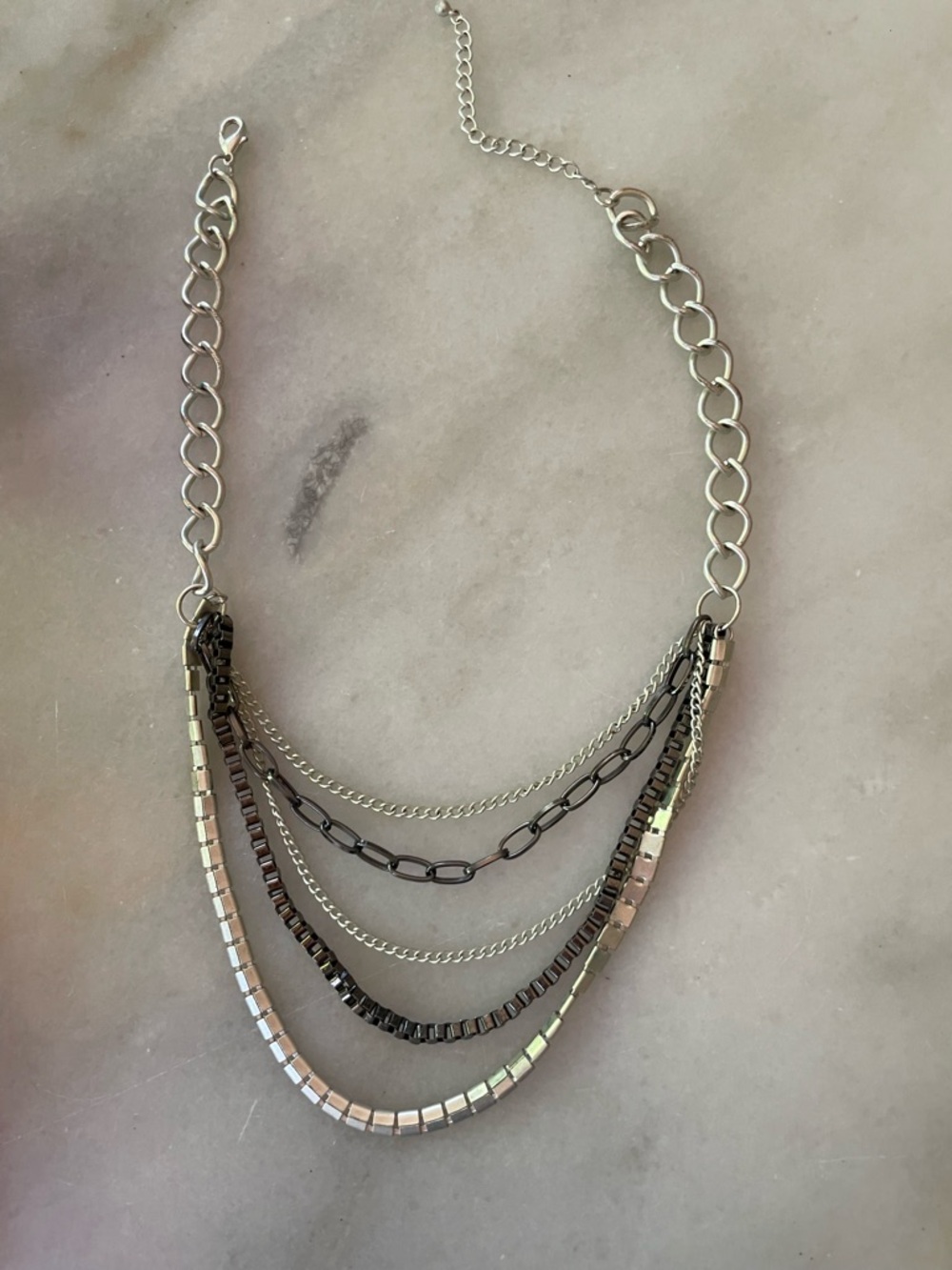 Layered Multi-Chain Statement Necklace - Silver and Gunmetal